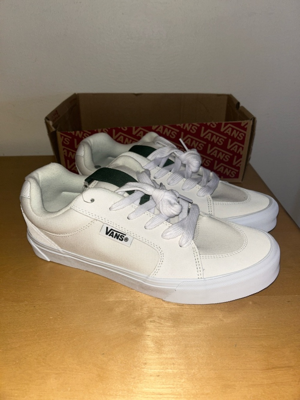Vans White Low-Top Sneakers with Dark Green Tongue